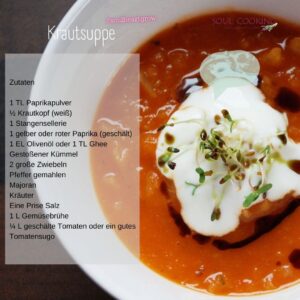 krautsuppe kraut tomaten sprossen andrea sojka soja paprika sellerie zwiebel olivenöl vegan vegetarisch soja kümmel pfeffer majoran kräuter salz gemüse tomate sugo