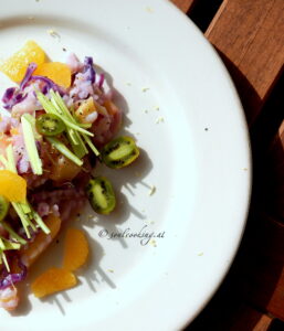 reis mit ananas kiwi und rotkraut